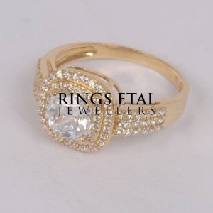 Topsy double halo engagement ring with three lines cubic zirconia sides stones in 18 karats Italian gold